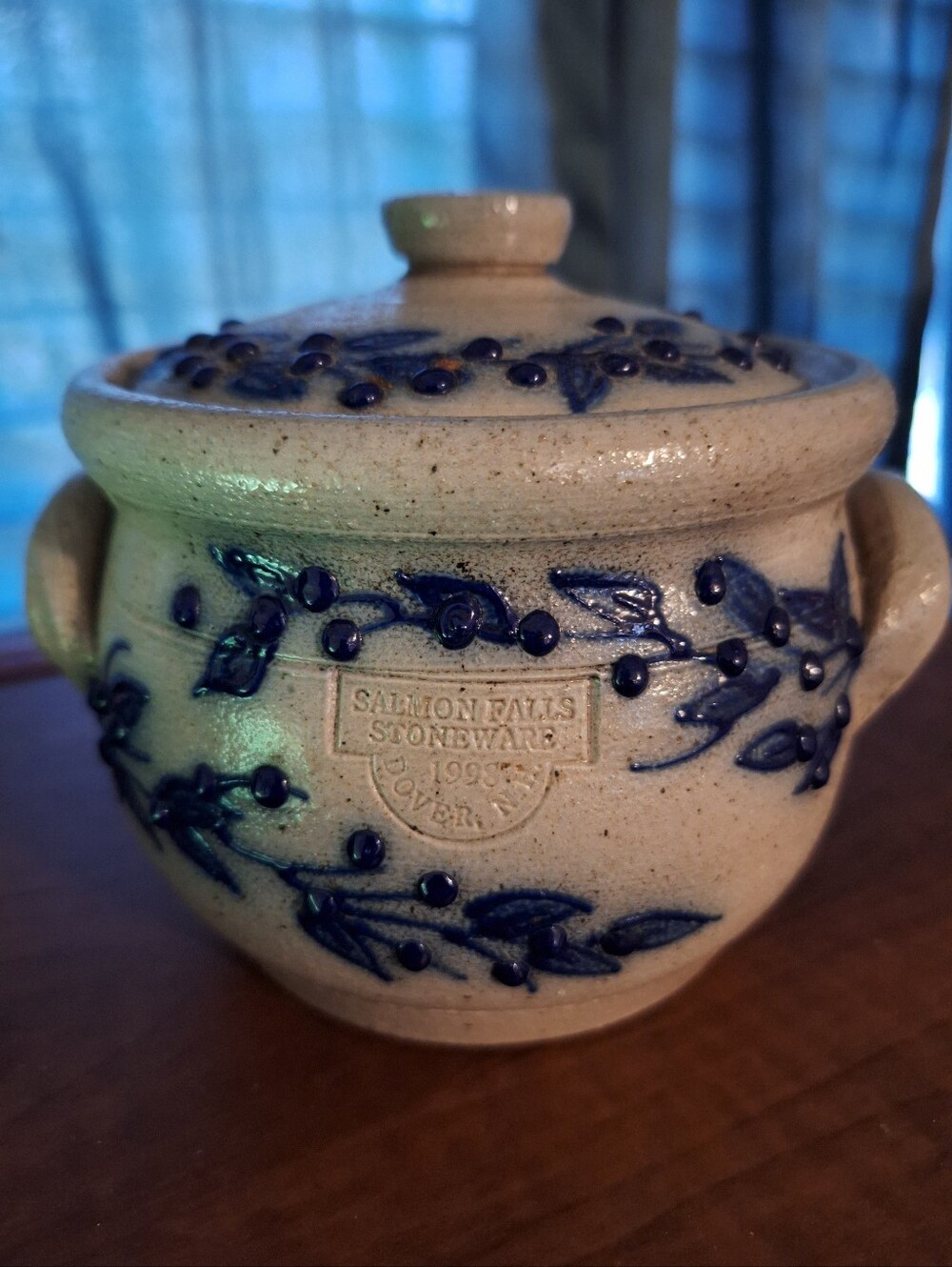 Vintage Salmon Falls 1998 Blue and Cream Decorative Lidded Jar